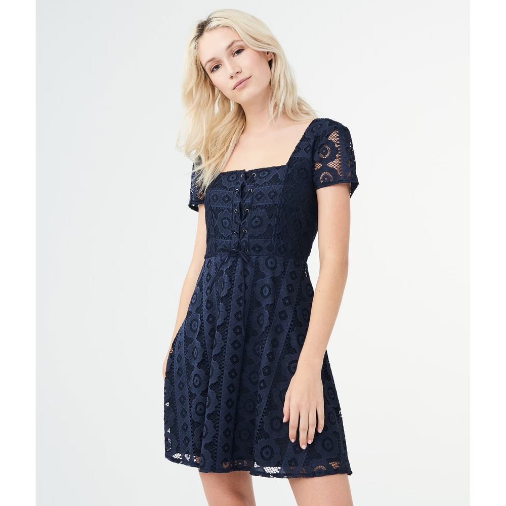 Aeropostale Navy Lace Corset Dress Fit‎ Flare Square Neck Coquette Mini M NWT